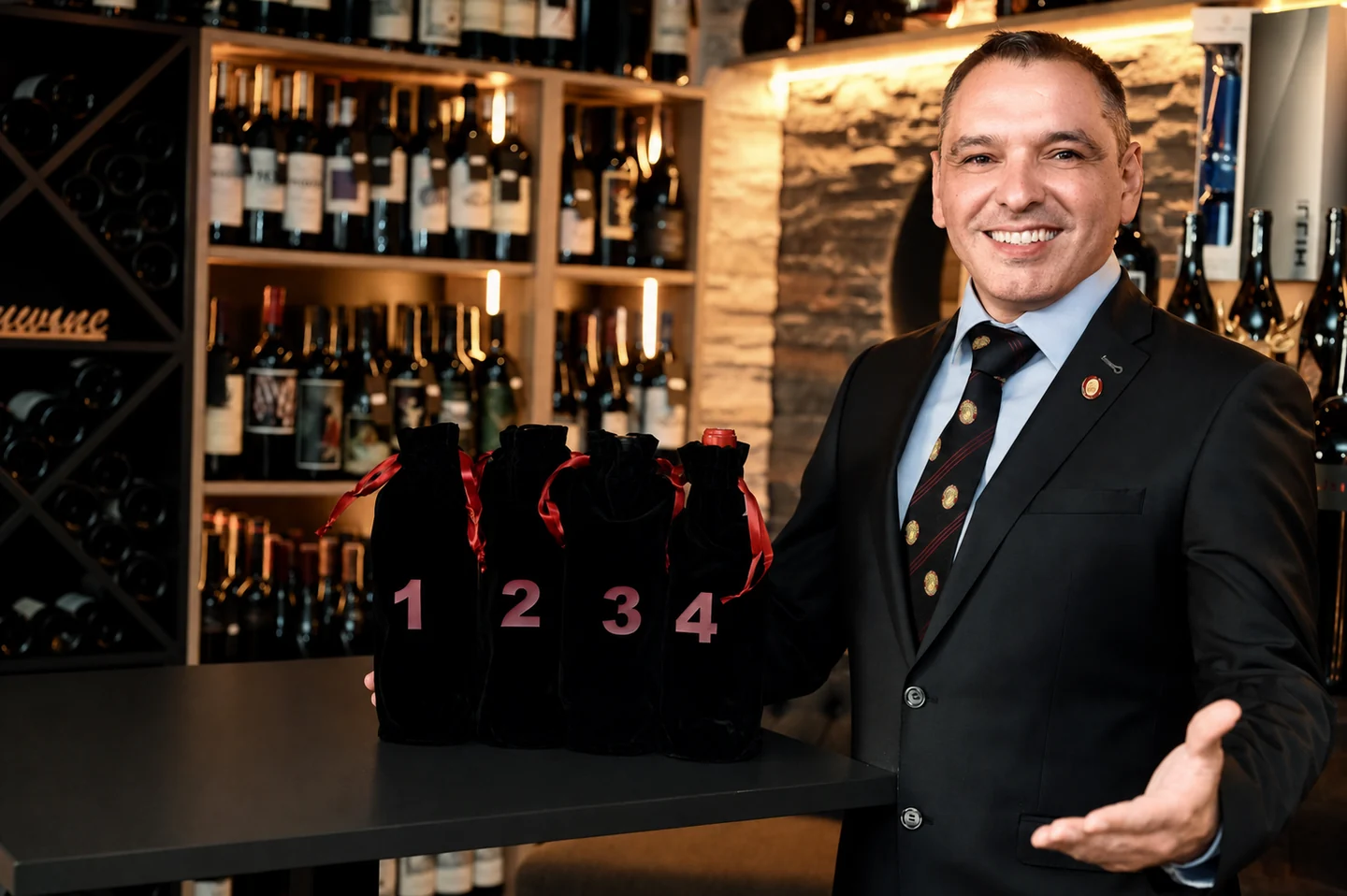 Master Sommelier Suvad „Suwi“ Zlatic bei einer Blindverkostung mit vier nummerierten Weinflaschen